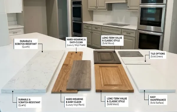 Samples of kitchen remodeling materials, including quartz countertops, luxury vinyl plank flooring, solid wood cabinet doors, and subway tiles, neatly arranged on a white island countertop with text labels highlighting durability, style, and long-term value.