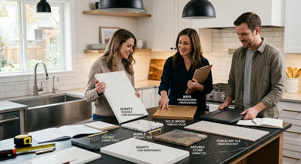 A home design consultant showing a couple durable kitchen remodeling material samples on an island, including quartz countertops, solid wood cabinet doors, and porcelain tile flooring.