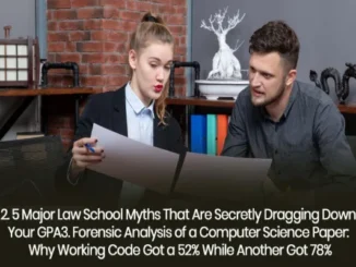 A female law student and male colleague reviewing documents together at a desk against an exposed brick wall background.