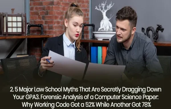 A female law student and male colleague reviewing documents together at a desk against an exposed brick wall background.