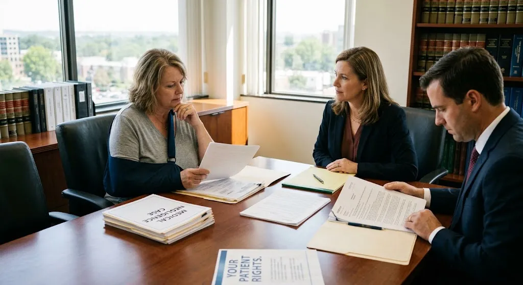 A middle-aged woman wearing an arm sling sits at a wooden conference table in a law office, carefully reviewing medical records during a consultation with two attorneys surrounded by legal books and case files.