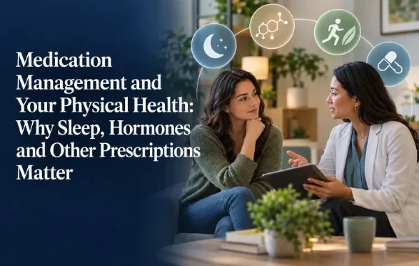 A woman listening attentively to a healthcare provider in a white coat explaining medication management, with icons above representing sleep, hormones, physical activity, and prescriptions.