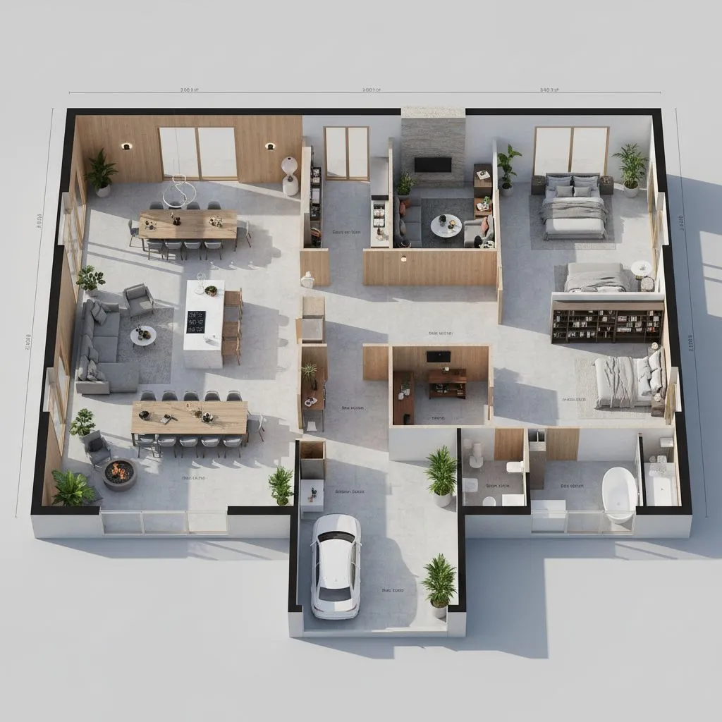 A high-angle 3D visualization of a modern single-story house floor plan, showing fully furnished rooms, including a double-dining area, three bedrooms, multiple bathrooms, a central media room, and a white sedan in the garage. Precise architectural dimensions are visible in feet and meters along the perimeter.