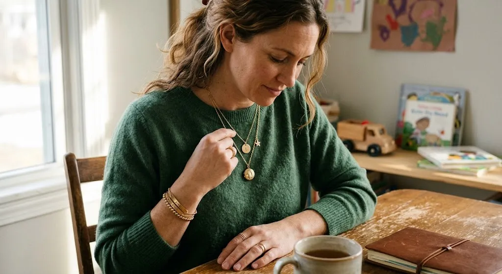 A mother sitting at a rustic wooden table, gently holding a delicate gold pendant necklace layered with initial pendants and engraved birthdate bar bracelets.