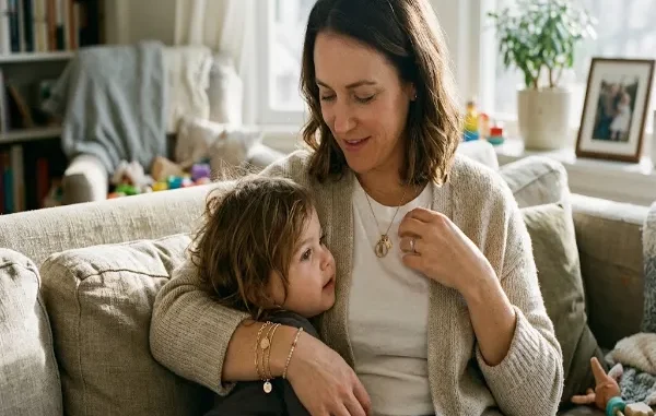 A mother wearing a gold necklace with initial pendants and a charm bracelet sitting on a sofa while hugging her young child.