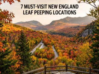Aerial scenic view of a winding road through a dense valley of vibrant red, orange, and yellow autumn trees framed by mountains and trees, with overlay text reading "7 MUST-VISIT NEW ENGLAND LEAF PEEPING LOCATIONS".