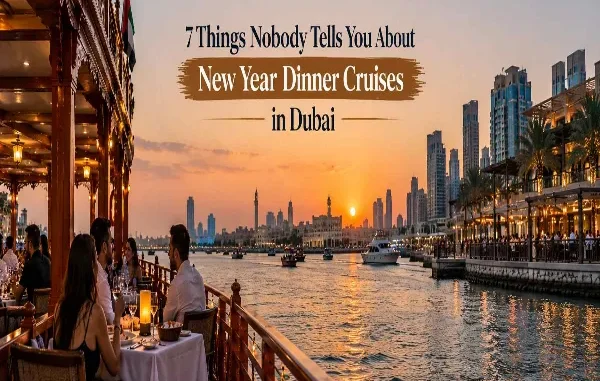 Guests dining on a traditional wooden dhow cruise in Dubai during a vibrant sunset with the city skyline in the background.