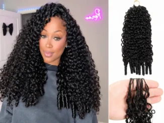 A woman styled with voluminous black curly OQ Hair crochet extensions alongside a product view and a close-up of the curl texture.