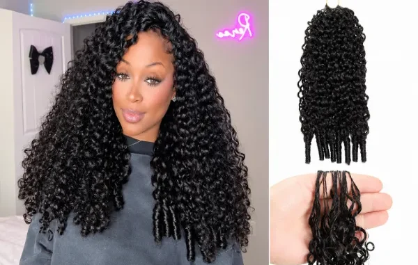 A woman styled with voluminous black curly OQ Hair crochet extensions alongside a product view and a close-up of the curl texture.