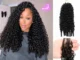 A woman styled with voluminous black curly OQ Hair crochet extensions alongside a product view and a close-up of the curl texture.