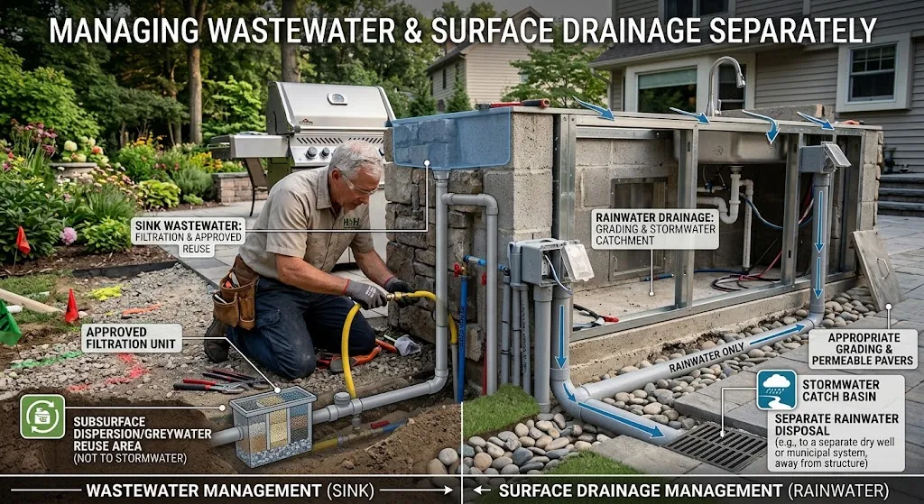 A detailed technical infographic showing an outdoor kitchen under construction. A split-view highlights two distinct drainage systems. On the left, labeled 'Wastewater Management (Sink)', wastewater flows through an approved filtration unit to a subsurface dispersion and greywater reuse area. On the right, labeled 'Surface Drainage Management (Rainwater)', surface rainwater is directed away from the counter and pavers into a stormwater catch basin with a separate rainwater disposal system, such as a dry well. Blue arrows indicate the separate water flows, and text boxes explain each component.