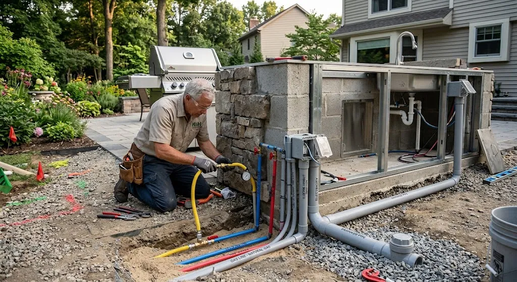 A contractor installing essential utilities for an under-construction outdoor kitchen island. Exposed underground lines clearly illustrate natural gas (yellow hose), hot and cold water supply lines (red and blue PEX pipes), outdoor electrical conduit with GFCI outlet, and PVC drainage pipes leading to a stainless steel sink.