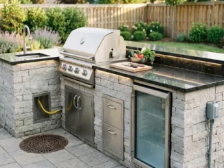 A realistic outdoor kitchen built with stacked stone featuring a stainless steel gas grill, sink, under-counter refrigerator, visible gas line hatch, outdoor electrical conduit, and stone patio drainage grate.