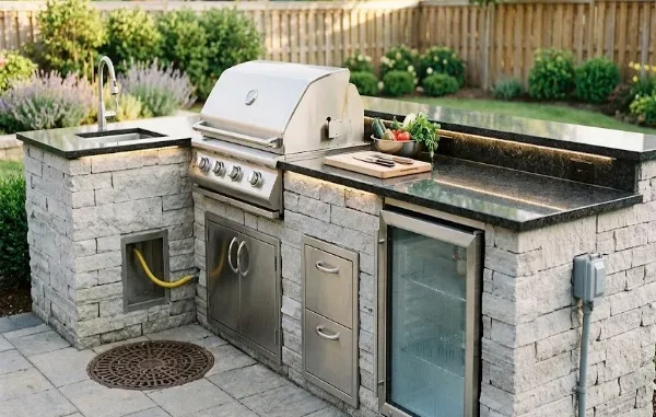 A realistic outdoor kitchen built with stacked stone featuring a stainless steel gas grill, sink, under-counter refrigerator, visible gas line hatch, outdoor electrical conduit, and stone patio drainage grate.