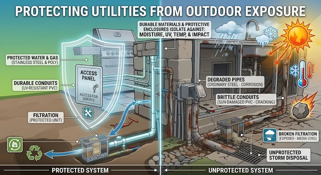A split-panel infographic diagram comparing "Protected System" and "Unprotected System" for an outdoor kitchen's utilities. The left, "Protected System" shows durable materials like UV-resistant PVC and stainless steel, all shielded by a transparent protective enclosure with a lockable "Access Panel." It connects to a robust filtration unit. The right, "Unprotected System" shows degraded, rusty pipes, brittle sun-damaged conduits, a broken filtration unit, and is under direct attack by elements: rain, ice, intense sun, high temperatures, and a physical impact from a falling rock. Both sides connect to different disposal points. A header reads: "Protecting Utilities from Outdoor Exposure."