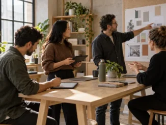 A professional team collaborating in a modern office meeting, taking notes on digital tablets and stylus devices around a wooden table.