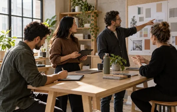 A professional team collaborating in a modern office meeting, taking notes on digital tablets and stylus devices around a wooden table.