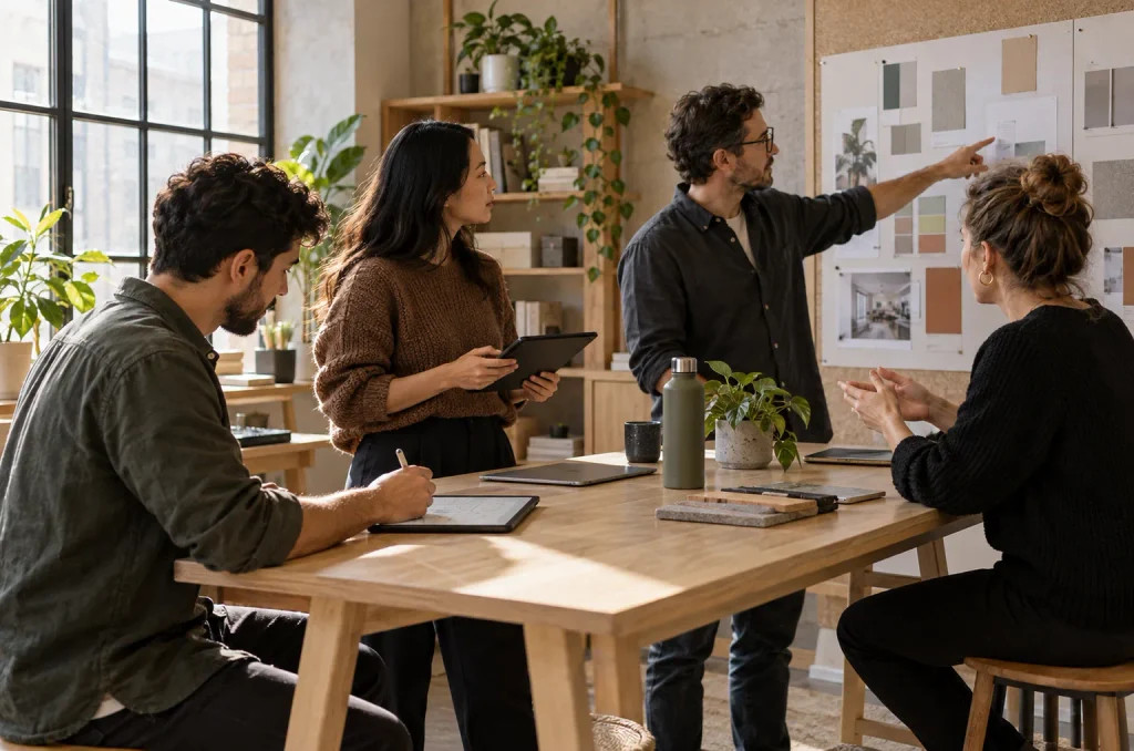 A team of professionals in a bright modern office using digital tablets and stylus devices during a paperless meeting.