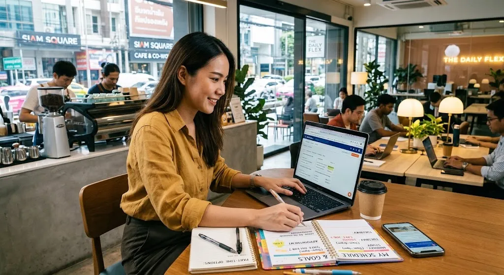 A young East Asian woman smiling while working on a laptop at a wooden desk inside a brightly lit coffee shop and co-working space. In front of her are open planners with handwritten schedules and goals, a coffee cup, and a smartphone. In the background, baristas work behind a counter while other people study and work at nearby tables.