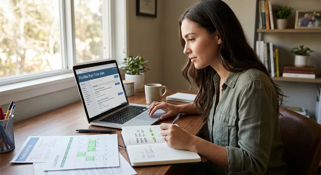 A focused young woman sitting at a sunlit wooden desk, looking at job listings on her laptop while jotting down availability hours in a planner next to a monthly schedule.