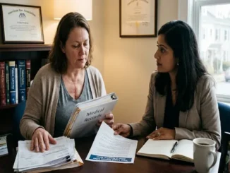 A middle-aged female patient holding medical record files sits across a desk discussing her case with a female attorney in a legal office.