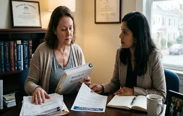 A middle-aged female patient holding medical record files sits across a desk discussing her case with a female attorney in a legal office.