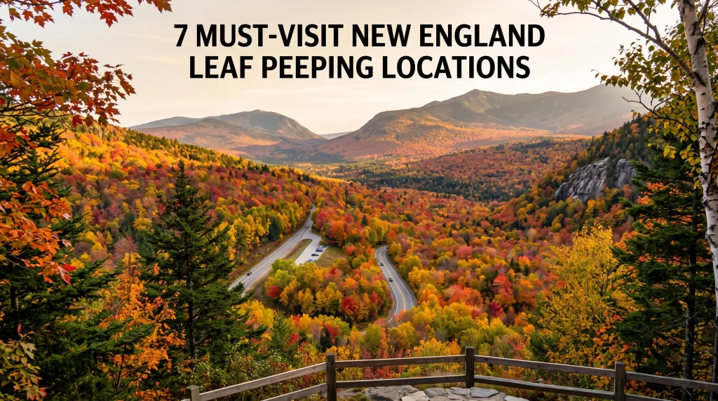 Aerial view of a winding scenic road through a mountain valley filled with vibrant red, yellow, and orange fall foliage, featuring text overlay that reads "7 MUST-VISIT NEW ENGLAND LEAF PEEPING LOCATIONS".