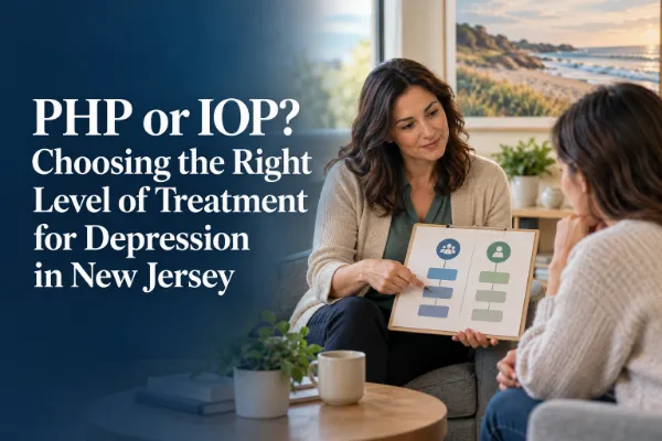 Therapist in a bright room holding a clipboard with comparison chart while discussing depression treatment options with a patient.