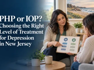 Therapist showing a treatment plan chart comparing PHP and IOP mental health care options to a patient in New Jersey.