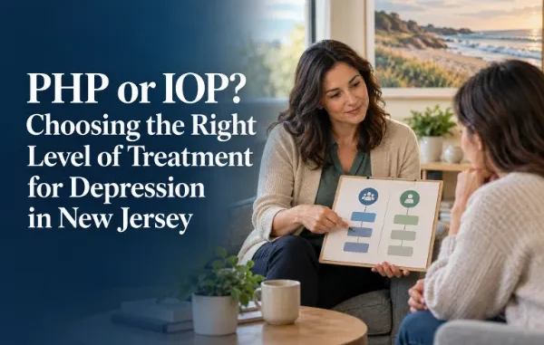 Therapist showing a treatment plan chart comparing PHP and IOP mental health care options to a patient in New Jersey.