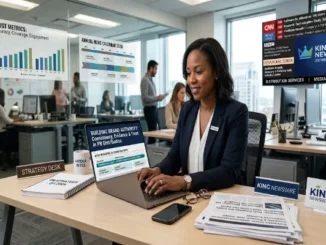 A communications professional reviewing press release distribution strategy and news trust metrics in a modern office environment.