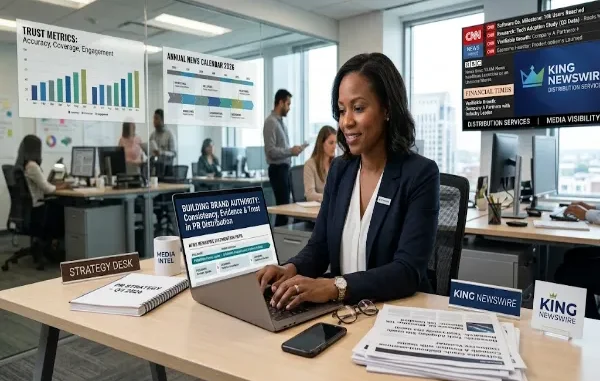 A communications professional reviewing press release distribution strategy and news trust metrics in a modern office environment.