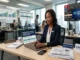 A communications professional reviewing press release distribution strategy and news trust metrics in a modern office environment.