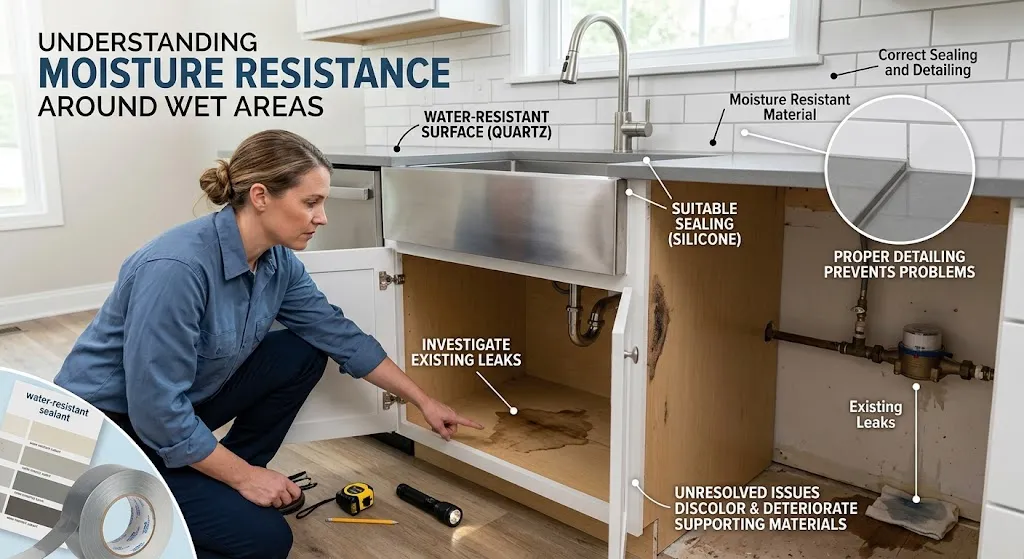 An infographic showing a woman pointing at water damage under a kitchen sink. Text overlays highlight key prevention steps: "Investigate existing leaks," "Suitable sealing (silicone)," and "Water-resistant surface (quartz)." It emphasizes proper detailing for joints and supporting materials.