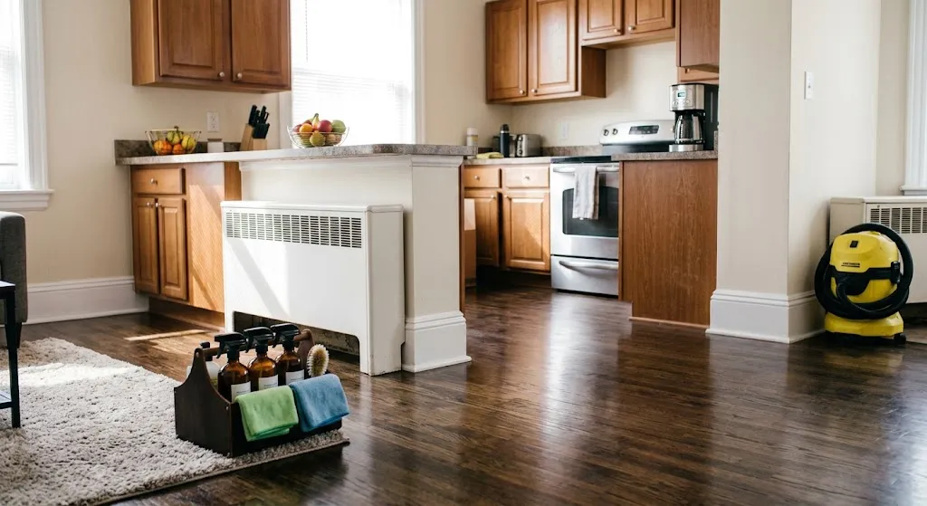 A detailed photo of a modern home interior featuring a newly polished dark hardwood floor and clean kitchen. In the foreground on a soft rug is a dark wooden cleaning caddy holding three amber glass spray bottles, fresh green and blue microfiber cloths, and a wooden scrub brush. The background shows a clean kitchen with wood cabinets, fruit bowls, a coffee maker, and a central white floor-mounted air conditioning unit. A bright yellow shop vacuum is parked near a wall.