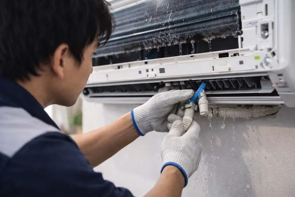 Professional technician performing deep coil water washing on a split AC unit in Dubai.