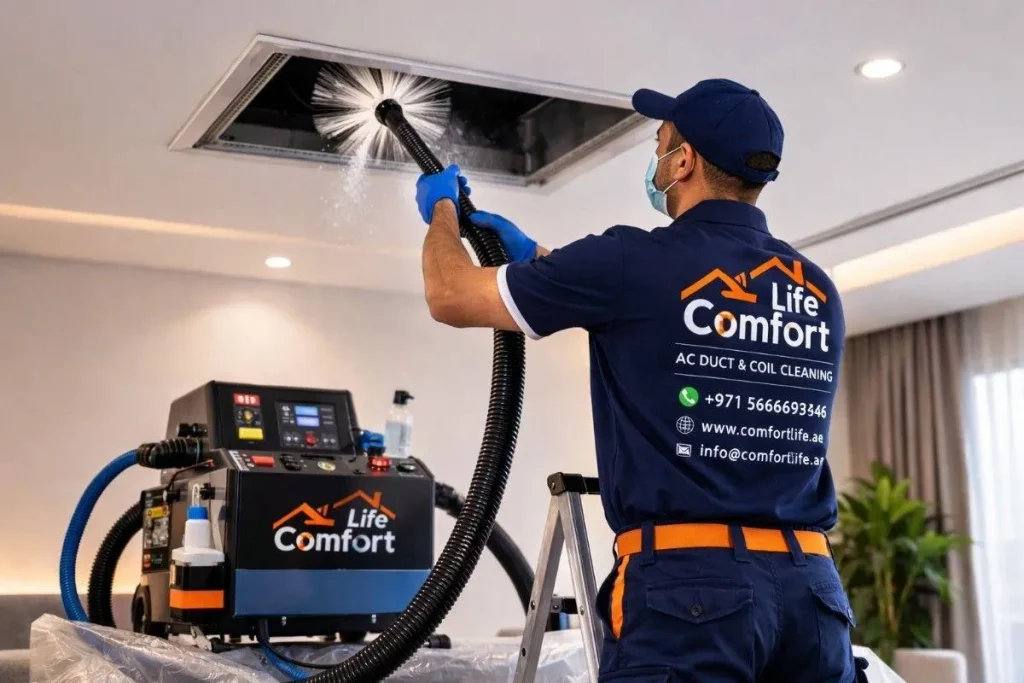 Professional AC cleaning technician using specialized duct cleaning brush equipment in a Dubai home.