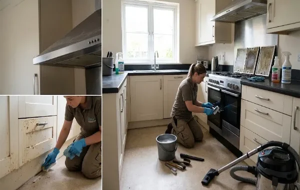 A realistic photograph showing a professional cleaner deep cleaning a neglected kitchen, focusing on heavily soiled baseboards, oven, and surfaces with specialized tools.