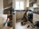 A realistic photograph showing a professional cleaner deep cleaning a neglected kitchen, focusing on heavily soiled baseboards, oven, and surfaces with specialized tools.