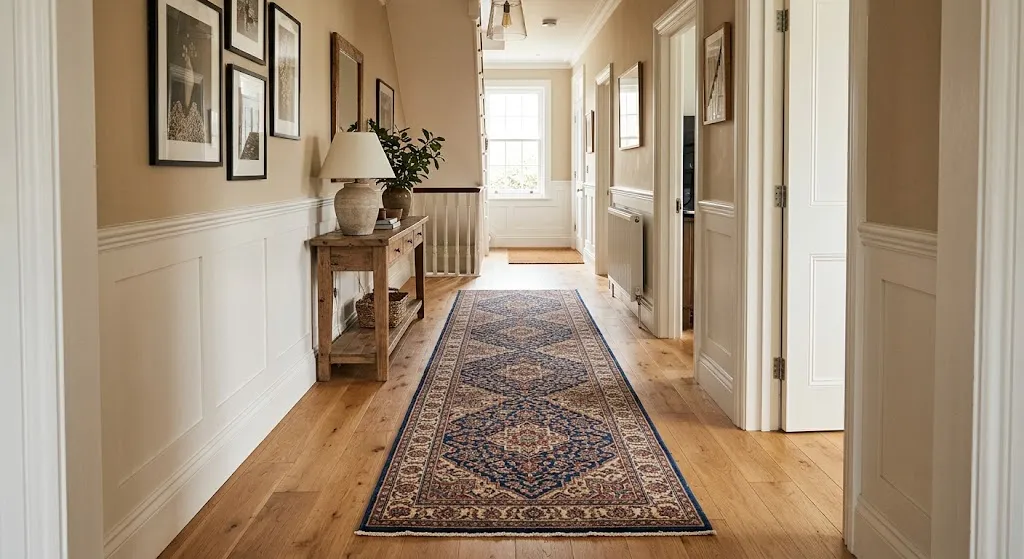Long patterned vintage runner rug centered in a bright hallway, leaving an even border of hardwood flooring along the baseboards.
