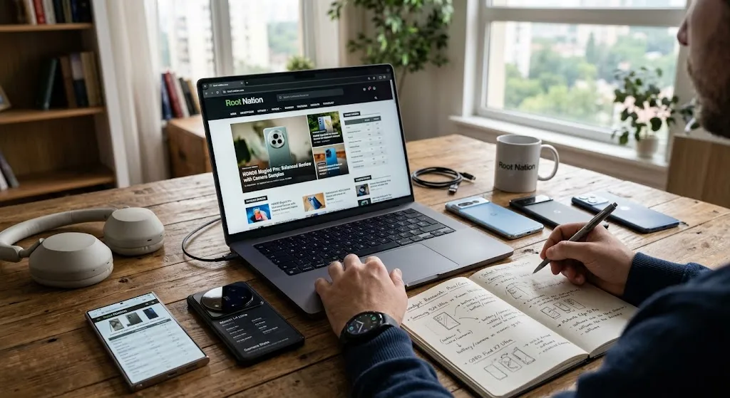A person researching smartphone reviews on the Root Nation website using a laptop alongside multiple mobile devices, smartwatch, headphones, and a notepad with comparison specs on a wooden desk.
