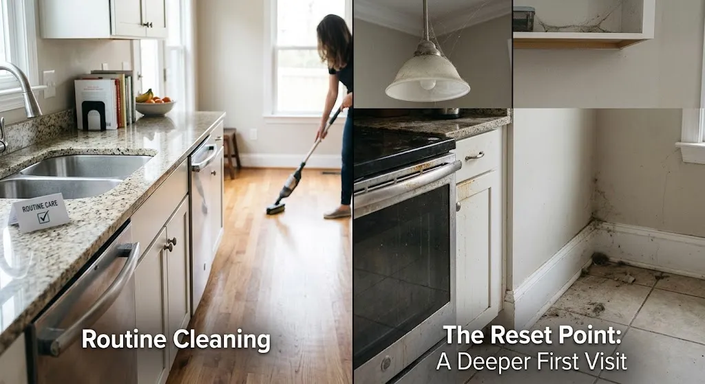 A side-by-side comparison illustrating routine cleaning versus a deep cleaning reset. The left side shows a bright, well-maintained kitchen with shiny countertops and clean hardwood floors. The right side highlights overlooked zones needing deep detail work, including accumulated dust along baseboard corners, grease on cabinet fronts, and cobwebs on high fixtures. Text overlays read "Routine Cleaning" on the left and "The Reset Point: A Deeper First Visit" on the right.