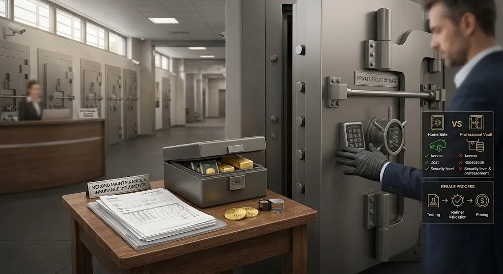 An investor operating a biometric lock on a high-security private vault door, with a foreground display showing gold bars in a portable safe, insurance and purchase documentation, and digital diagrams comparing home safe versus vault storage options.