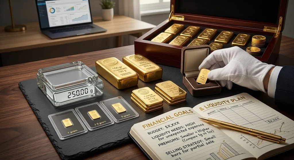 A high-angle view of a financial planning desk featuring a variety of gold bar sizes ranging from small 1g assay cards to 250g cast gold bars on a digital scale, alongside a notebook titled Financial Goals and Liquidity Plan.