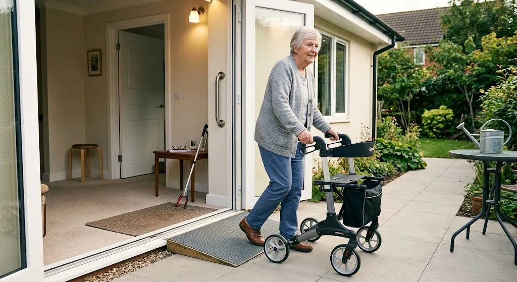 An active senior woman smiling as she confidently uses a modern rollator walker to navigate across a low-threshold ramp from her home onto a sunny outdoor patio, showcasing accessible home adaptations including grab bars, level-entry doorways, and a clean indoor-outdoor living space.
