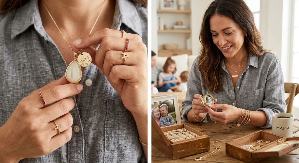 A side-by-side view showing a close-up of a mother holding an engraved pendant with a birthdate alongside a teardrop charm, next to a woman wearing delicate stacked rings, birthstone jewelry, and holding a small vintage locket at a wooden table.