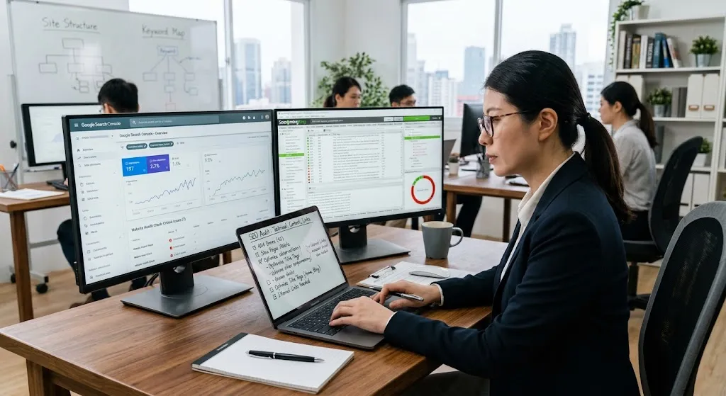 An SEO specialist analyzing technical SEO metrics, crawl data, and website performance reports across multiple computer screens in a modern office.