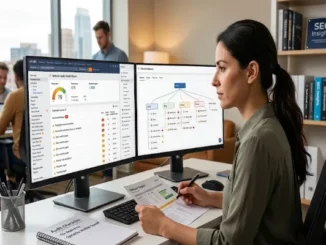A woman working on a complex SEO audit, with two monitors displaying technical metrics, site architecture, and data on technical issues like slow pages and duplicate descriptions. She holds a report and a pen, with an audit checklist nearby.