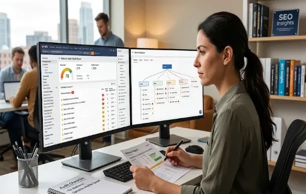 A woman working on a complex SEO audit, with two monitors displaying technical metrics, site architecture, and data on technical issues like slow pages and duplicate descriptions. She holds a report and a pen, with an audit checklist nearby.