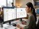 A woman working on a complex SEO audit, with two monitors displaying technical metrics, site architecture, and data on technical issues like slow pages and duplicate descriptions. She holds a report and a pen, with an audit checklist nearby.